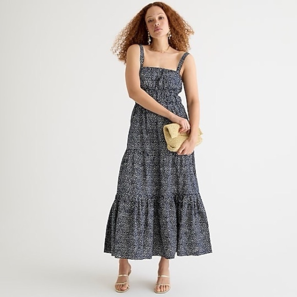 J. Crew Tiered Midi Dress with Convertible Straps in Dot